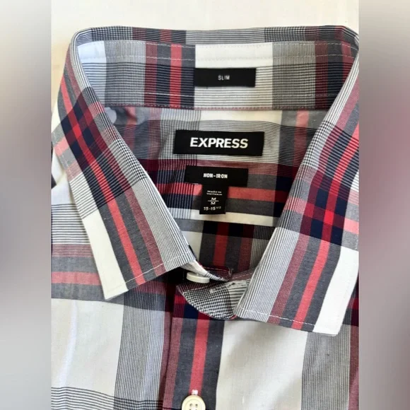 Express Men’s Slim Button Down Shirt in Navy/Red Plaid Sz M 15-15.5” - Picture 3 of 3